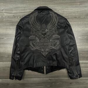 Vintage Harley Davidson Jacket Womens XL Black Leather Eagle Biker Moto Y2K